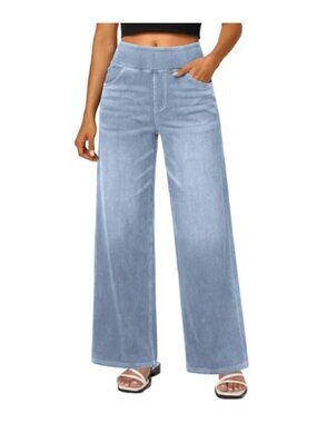 Wide Leg High Waisted Pull On Jeans Tummy Control Stretch Denim Pants with